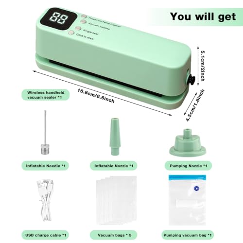 HASTHIP® Mini Vacuum Sealer for Food, 3 in 1 Cordless Rechargeable for Dry/Moist Food Storage with 4 Snack Bags, Green HASTHIP® Mini Vacuum Sealer for Food, 3 in 1 Cordless Rechargeable for Dry/Moist Food Storage with 4 Snack Bags, Green